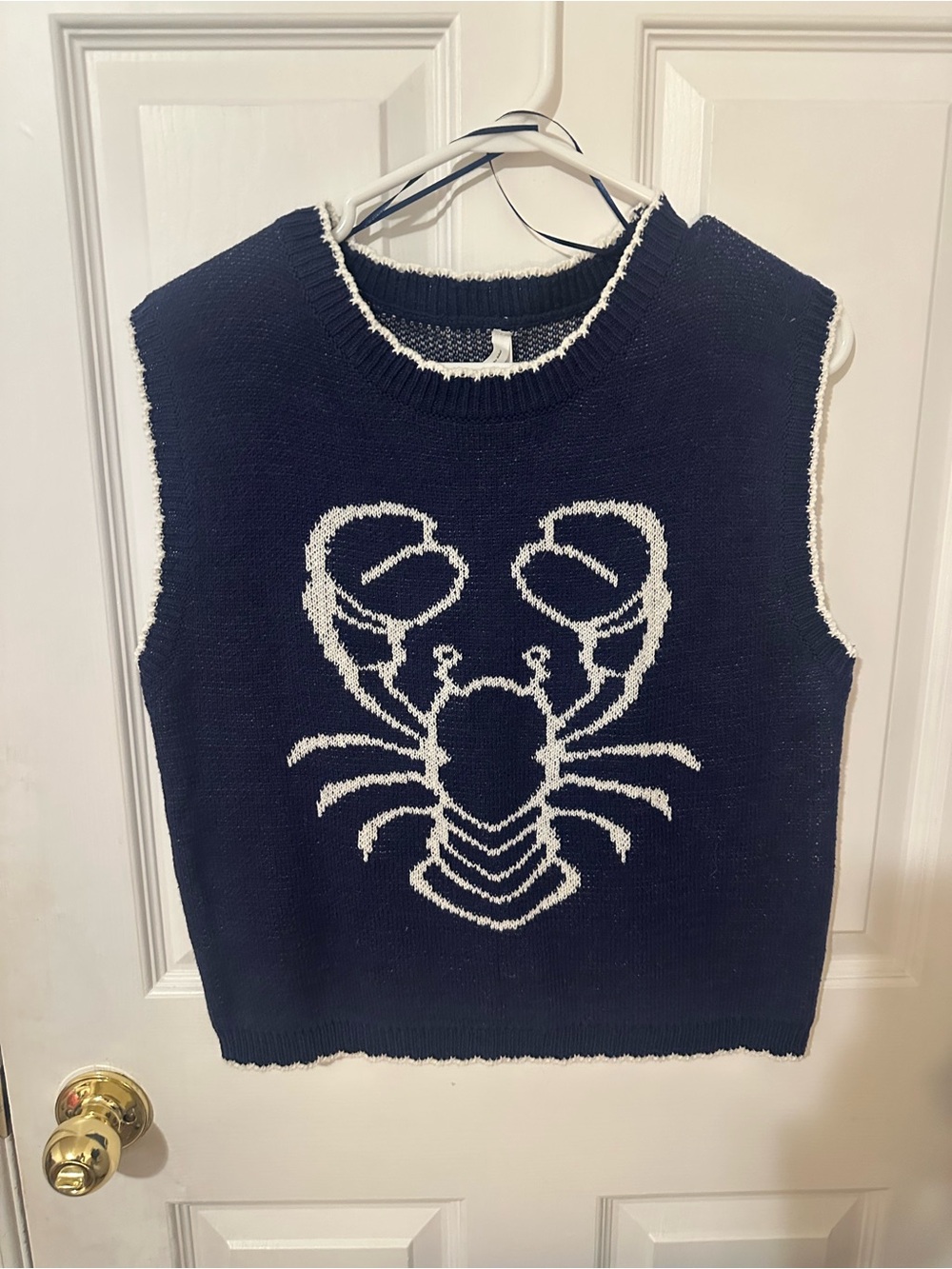 Navy V-Neck Sleeveless Knit Sweater with White Lobster Motif